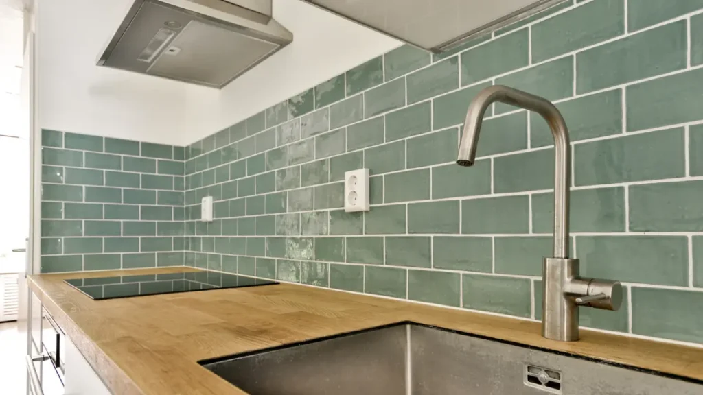 Cuisine rénovée avec évier moderne, robinet inox et crédence en carrelage vert.