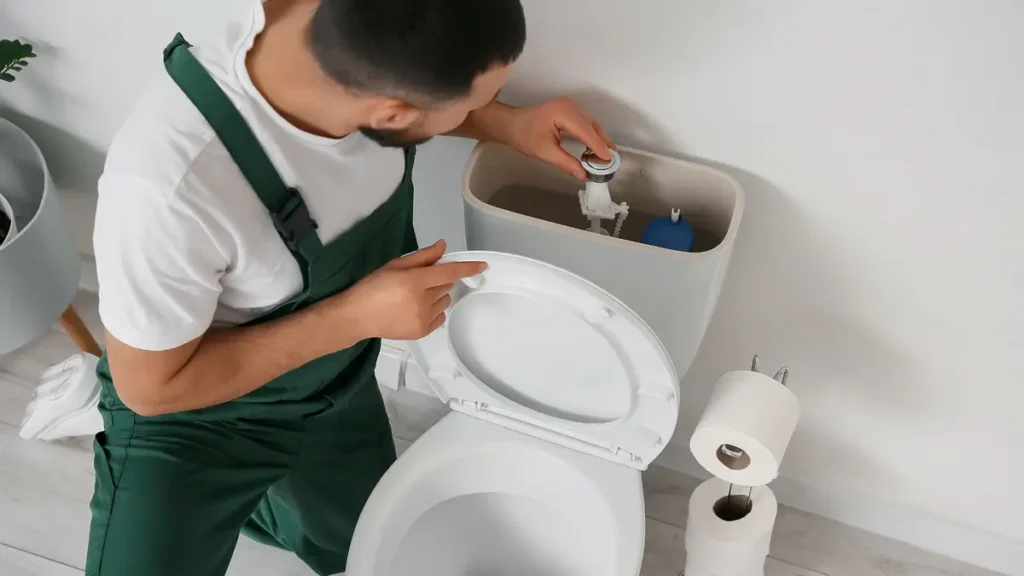 Plombier intervenant sur un mécanisme de chasse d’eau dans des toilettes.